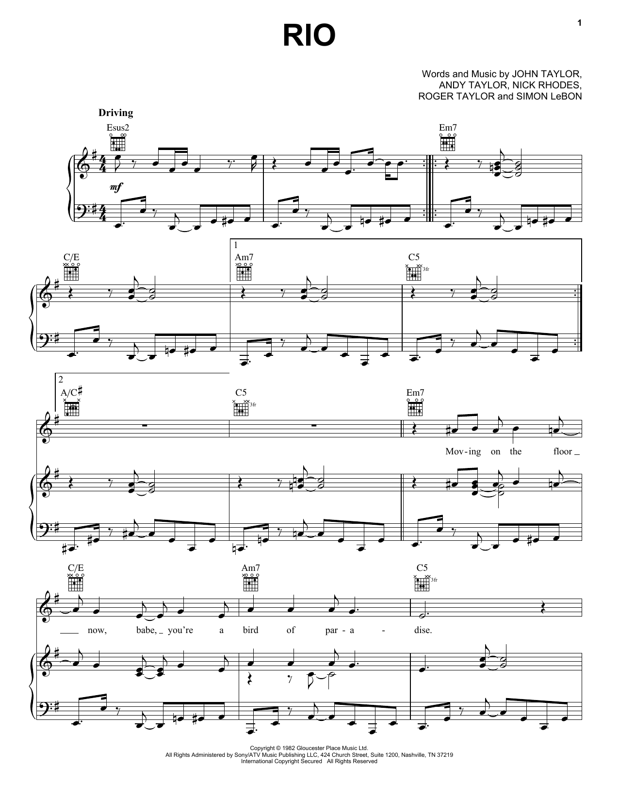 Duran Duran Rio sheet music notes and chords. Download Printable PDF.