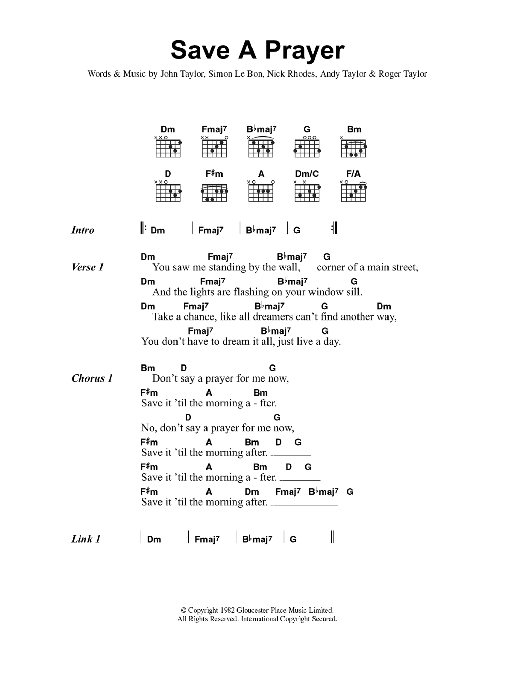 Duran Duran Save A Prayer Til The Morning After sheet music notes and chords. Download Printable PDF.