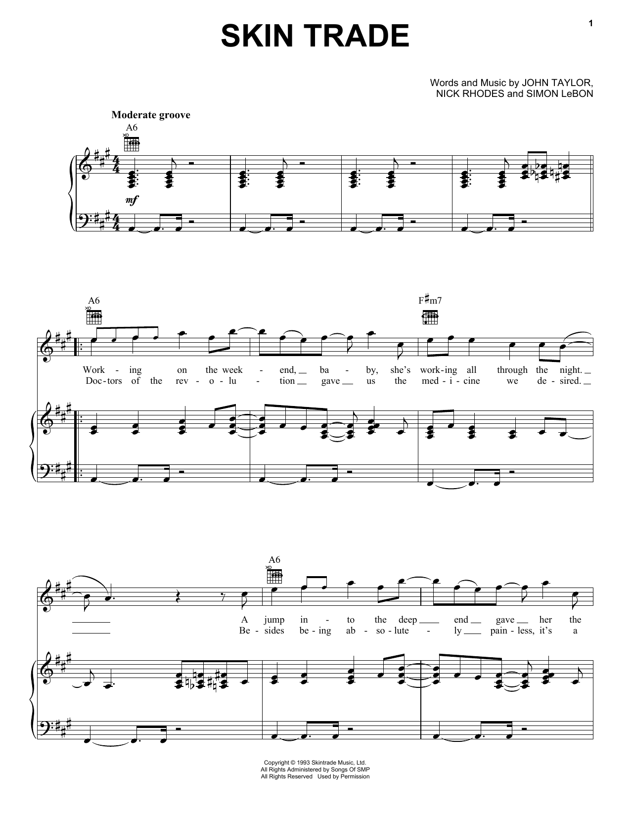 Learn to play Duran Duran Skin Trade sheet music for Piano, Vocal & Guitar Chords (Right-Hand Melody) in minutes. Price: 7.8900$ Duran Duran Skin Trade sheet music notes and chords arranged for Piano, Vocal & Guitar Chords (Right-Hand Melody)