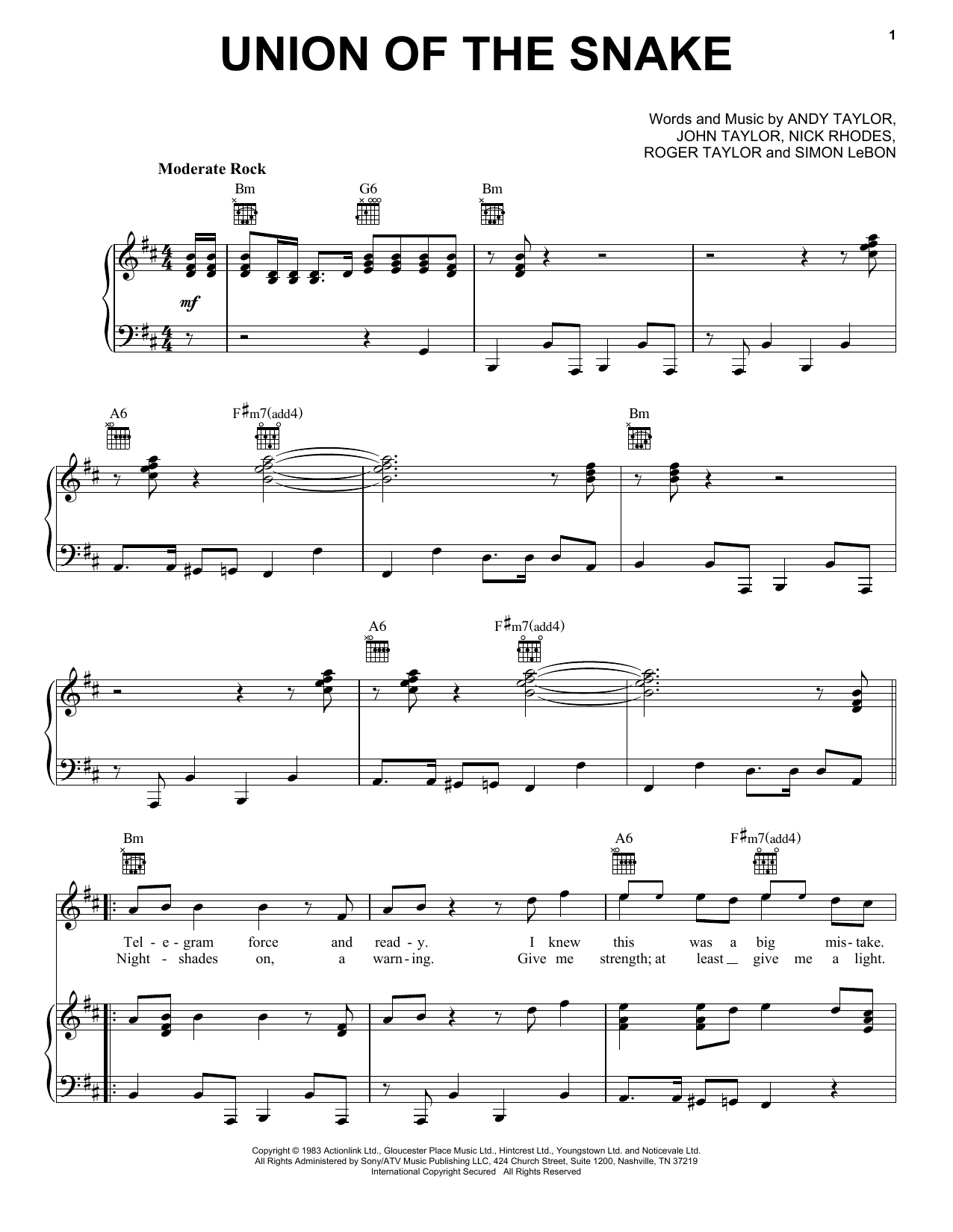 Learn to play Duran Duran Union Of The Snake sheet music for Piano, Vocal & Guitar Chords (Right-Hand Melody) in minutes. Price: 7.8900$ Duran Duran Union Of The Snake sheet music notes and chords arranged for Piano, Vocal & Guitar Chords (Right-Hand Melody)