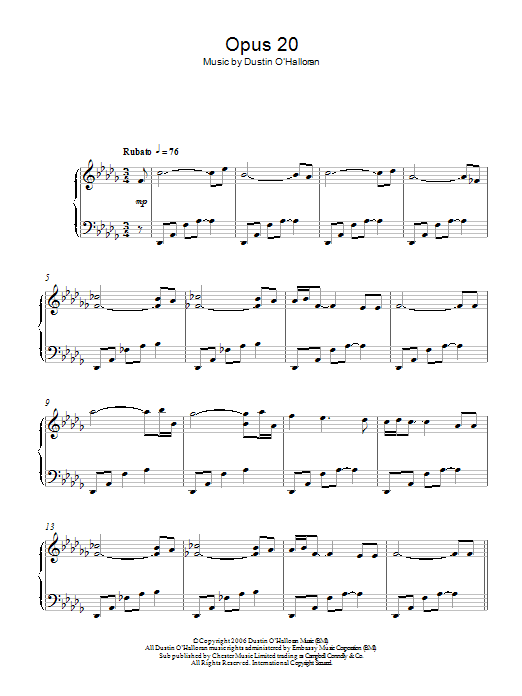 Learn to play Dustin O'Halloran Opus 20 sheet music for Piano Solo in minutes. Price: 7.8900$ Dustin O'Halloran Opus 20 sheet music notes and chords arranged for Piano Solo