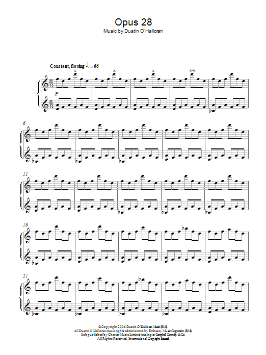 Learn to play Dustin O'Halloran Opus 28 sheet music for Piano Solo in minutes. Price: 7.8900$ Dustin O'Halloran Opus 28 sheet music notes and chords arranged for Piano Solo