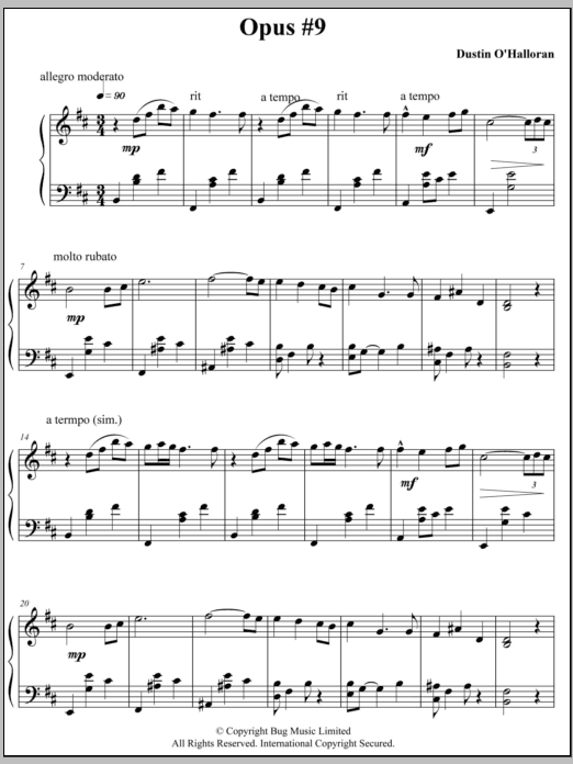 Learn to play Dustin O'Halloran Opus 9 sheet music for Piano Solo in minutes. Price: 7.8900$ Dustin O'Halloran Opus 9 sheet music notes and chords arranged for Piano Solo