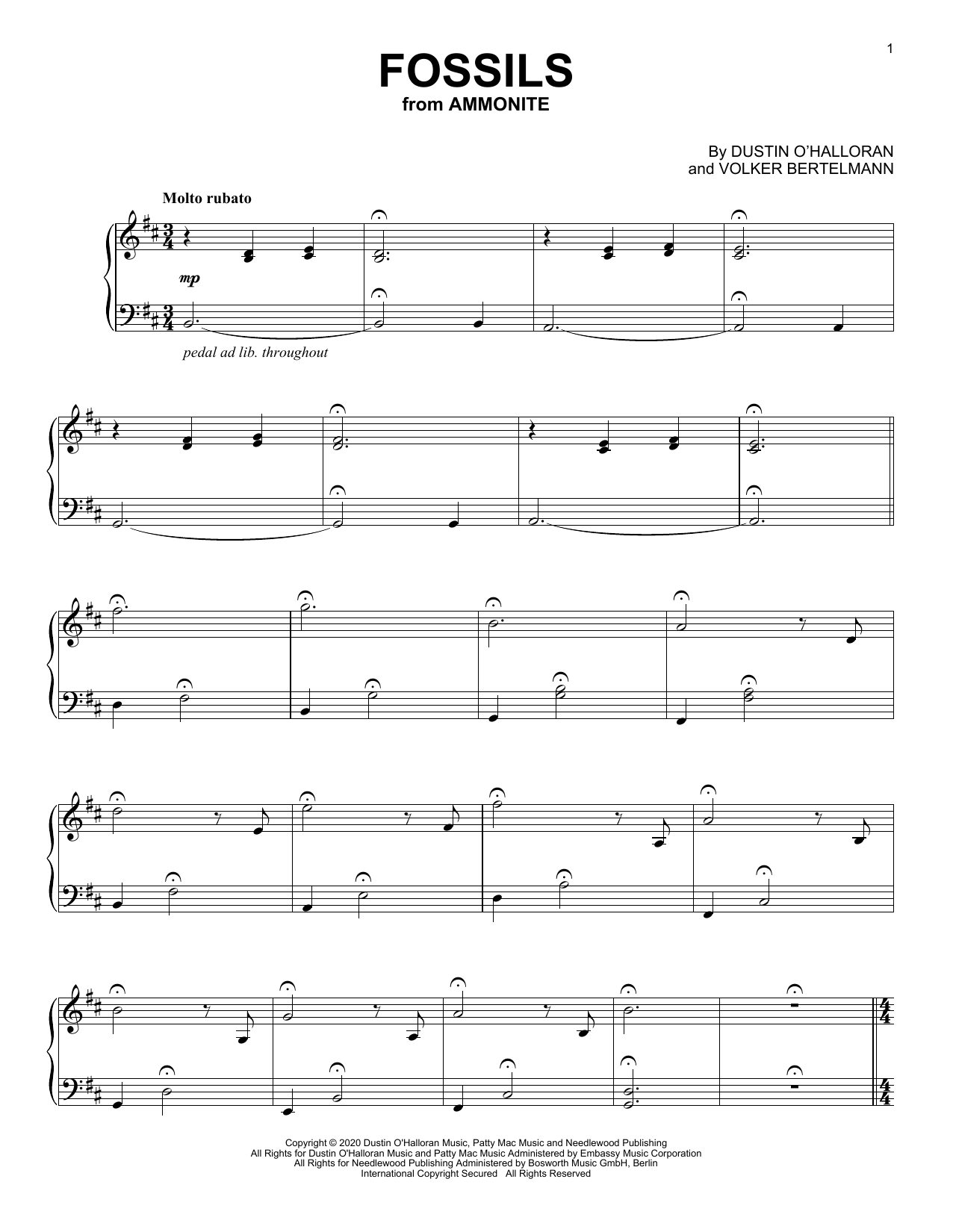 Dustin O'Halloran & Volker Bertelmann Fossils (from Ammonite) sheet music notes and chords. Download Printable PDF.