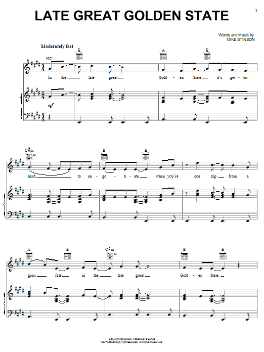 Learn to play Dwight Yoakam Late Great Golden State sheet music for Piano, Vocal & Guitar Chords (Right-Hand Melody) in minutes. Price: 7.8900$ Dwight Yoakam Late Great Golden State sheet music notes and chords arranged for Piano, Vocal & Guitar Chords (Right-Hand Melody)