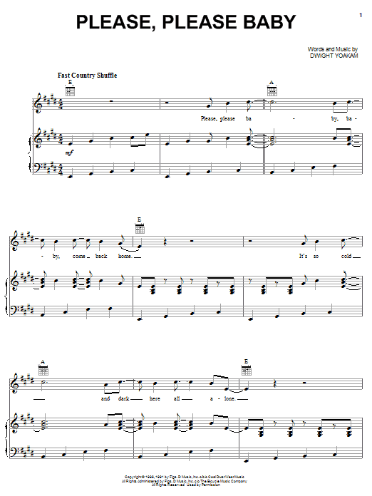 Learn to play Dwight Yoakam Please, Please Baby sheet music for Piano, Vocal & Guitar Chords (Right-Hand Melody) in minutes. Price: 7.8900$ Dwight Yoakam Please, Please Baby sheet music notes and chords arranged for Piano, Vocal & Guitar Chords (Right-Hand Melody)
