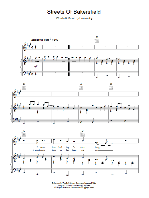 Dwight Yoakam Streets Of Bakersfield sheet music notes and chords arranged for Piano, Vocal & Guitar Chords