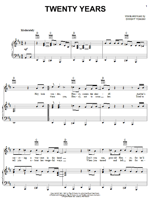 Dwight Yoakam Twenty Years sheet music notes and chords arranged for Piano, Vocal & Guitar Chords (Right-Hand Melody)