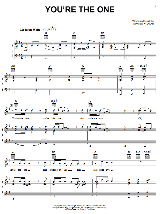 Learn to play Dwight Yoakam You're The One sheet music for Piano, Vocal & Guitar Chords (Right-Hand Melody) in minutes. Price: 7.8900$ Dwight Yoakam You're The One sheet music notes and chords arranged for Piano, Vocal & Guitar Chords (Right-Hand Melody)