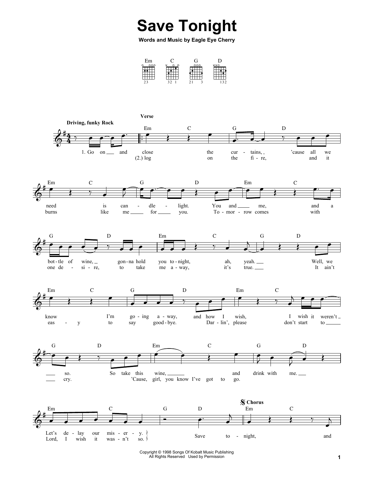 Eagle Eye Cherry Save Tonight sheet music notes and chords. Download Printable PDF.