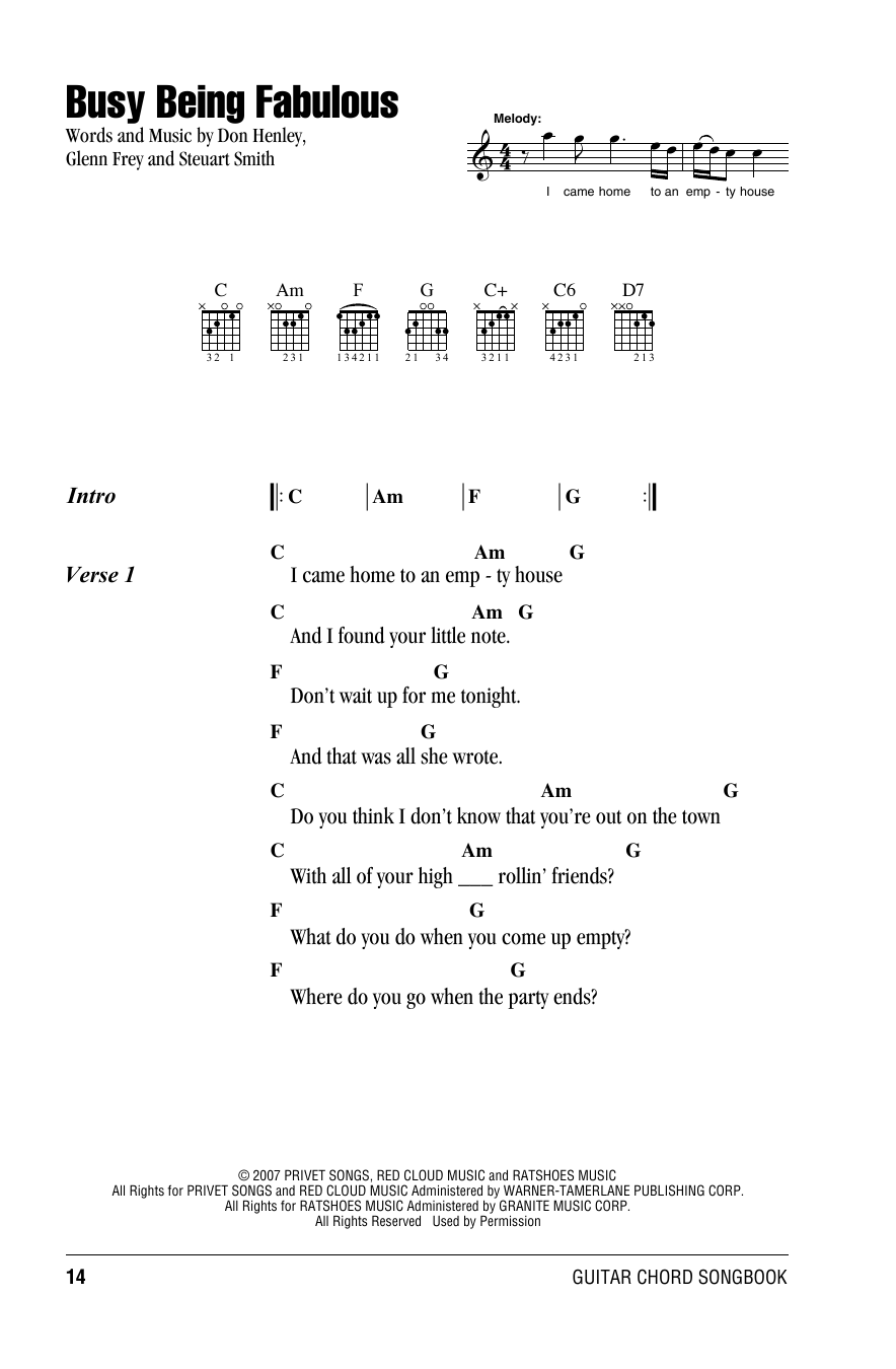 Eagles Busy Being Fabulous sheet music notes and chords. Download Printable PDF.