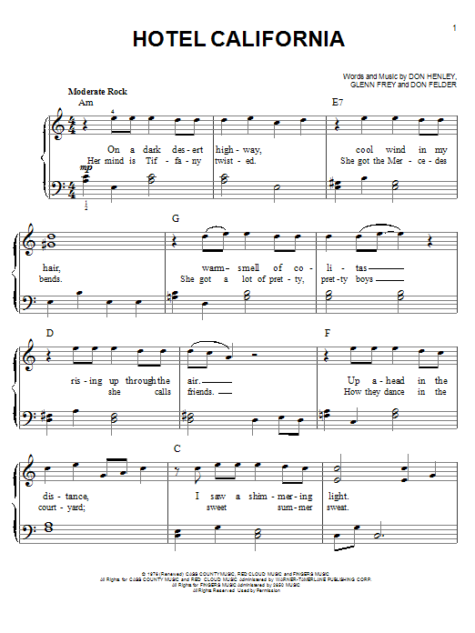 Eagles Hotel California sheet music notes and chords. Download Printable PDF.