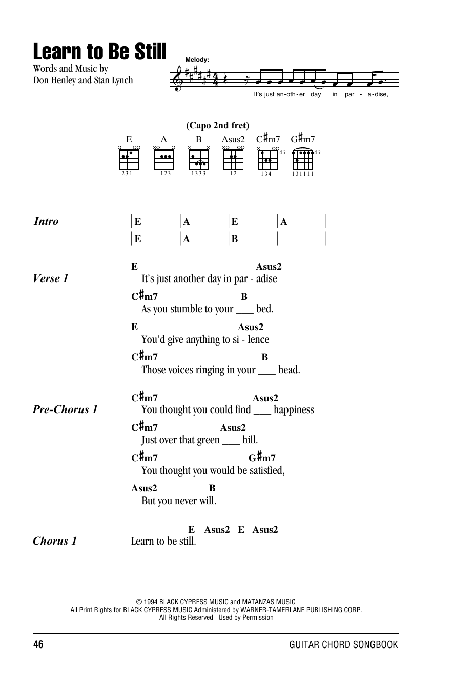 Eagles Learn To Be Still sheet music notes and chords. Download Printable PDF.