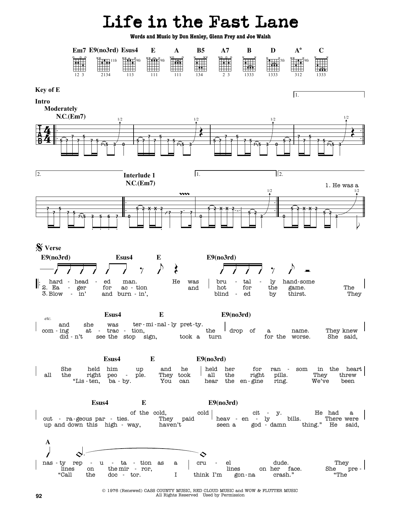 Eagles Life In The Fast Lane sheet music notes and chords. Download Printable PDF.