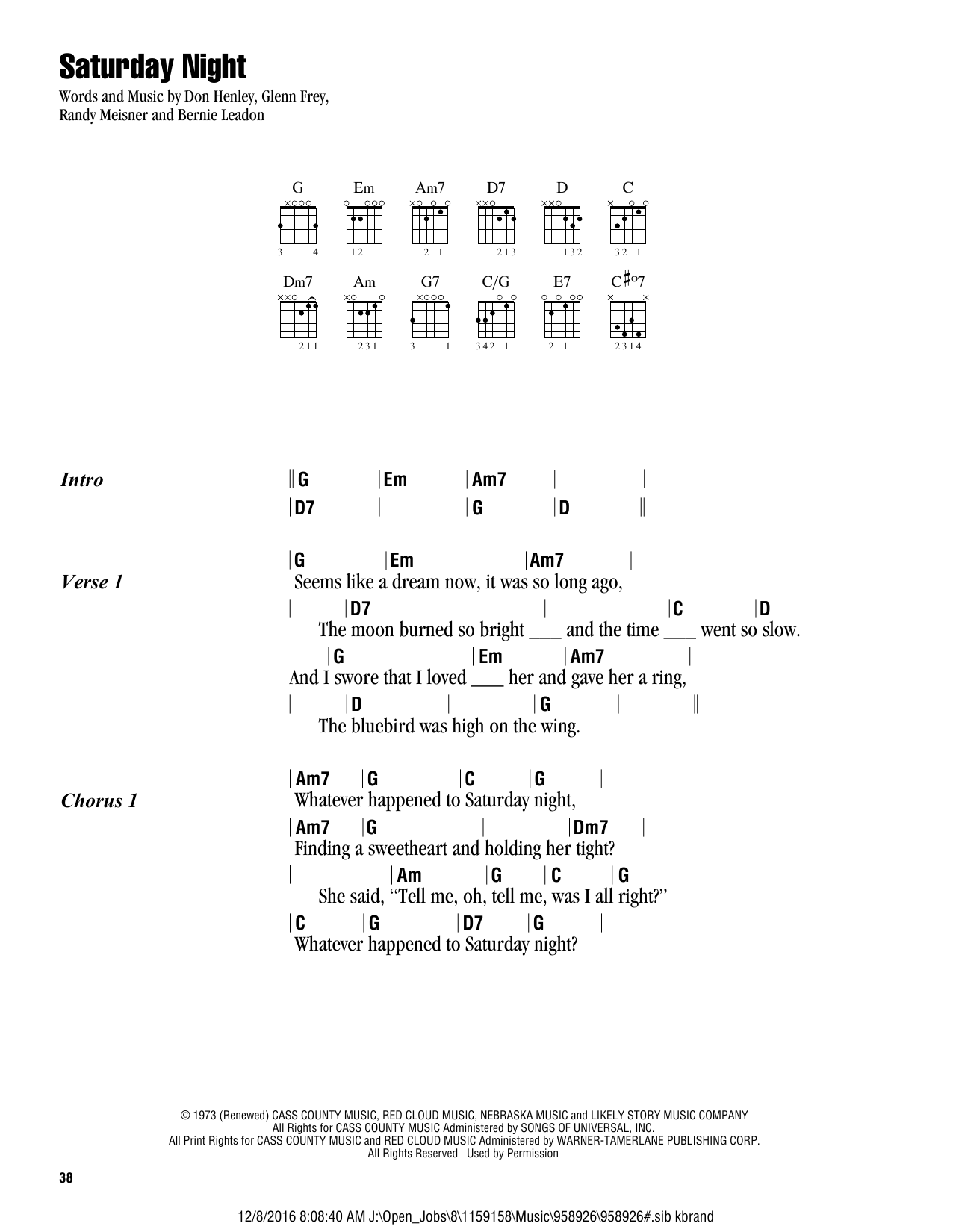 Eagles Saturday Night sheet music notes and chords. Download Printable PDF.