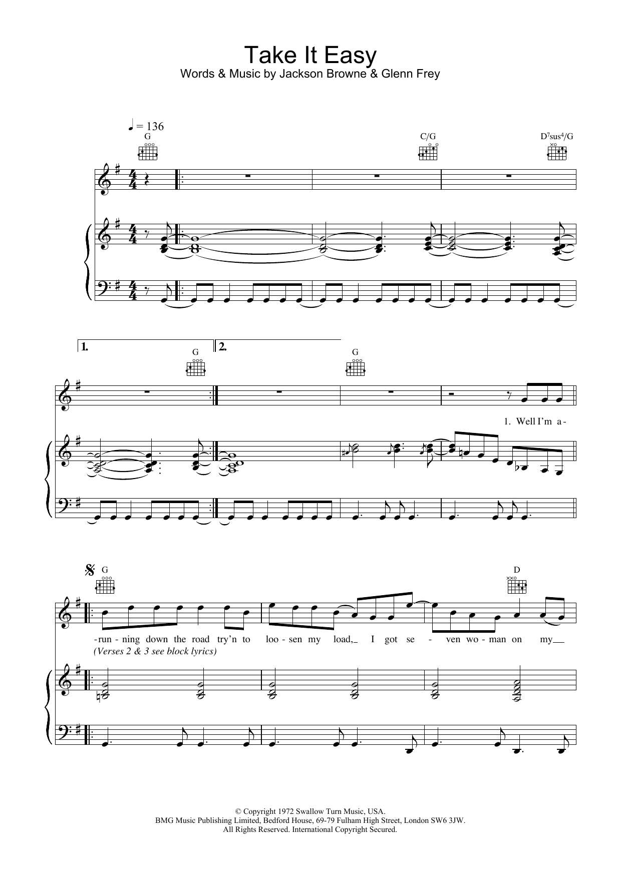 Eagles Take It Easy sheet music notes and chords. Download Printable PDF.