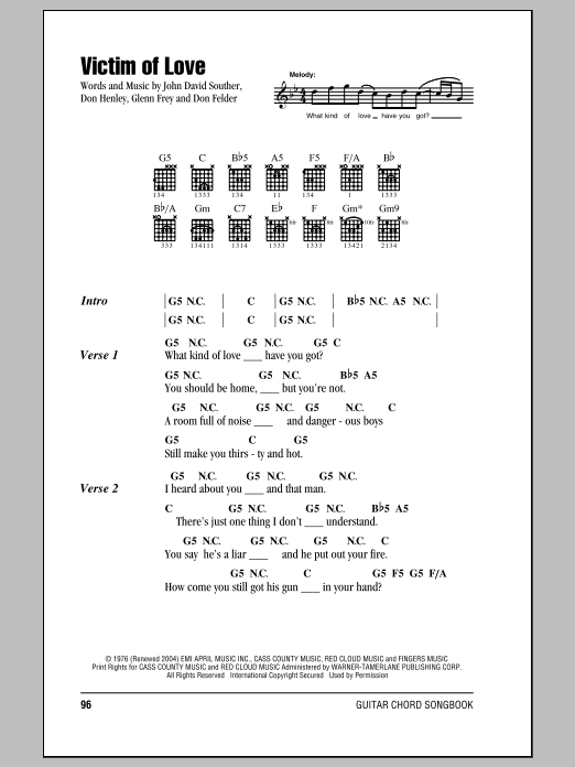 Eagles Victim Of Love sheet music notes and chords. Download Printable PDF.