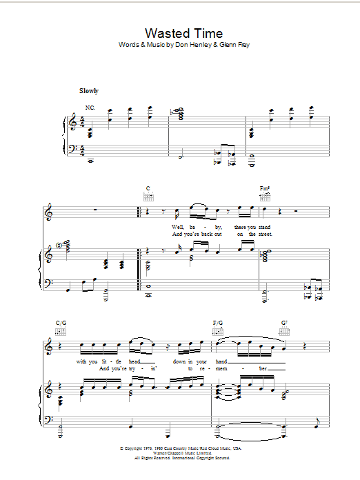 Eagles Wasted Time sheet music notes and chords. Download Printable PDF.