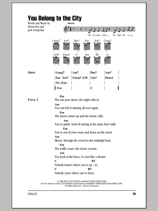 Eagles You Belong To The City sheet music notes and chords. Download Printable PDF.