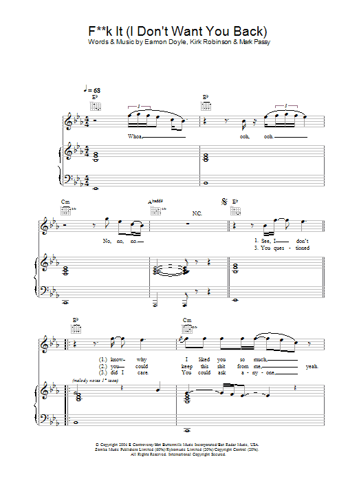 Learn to play Eamon Fuck It (I Don't Want You Back) sheet music for Piano, Vocal & Guitar Chords in minutes. Price: 7.8900$ Eamon Fuck It (I Don't Want You Back) sheet music notes and chords arranged for Piano, Vocal & Guitar Chords