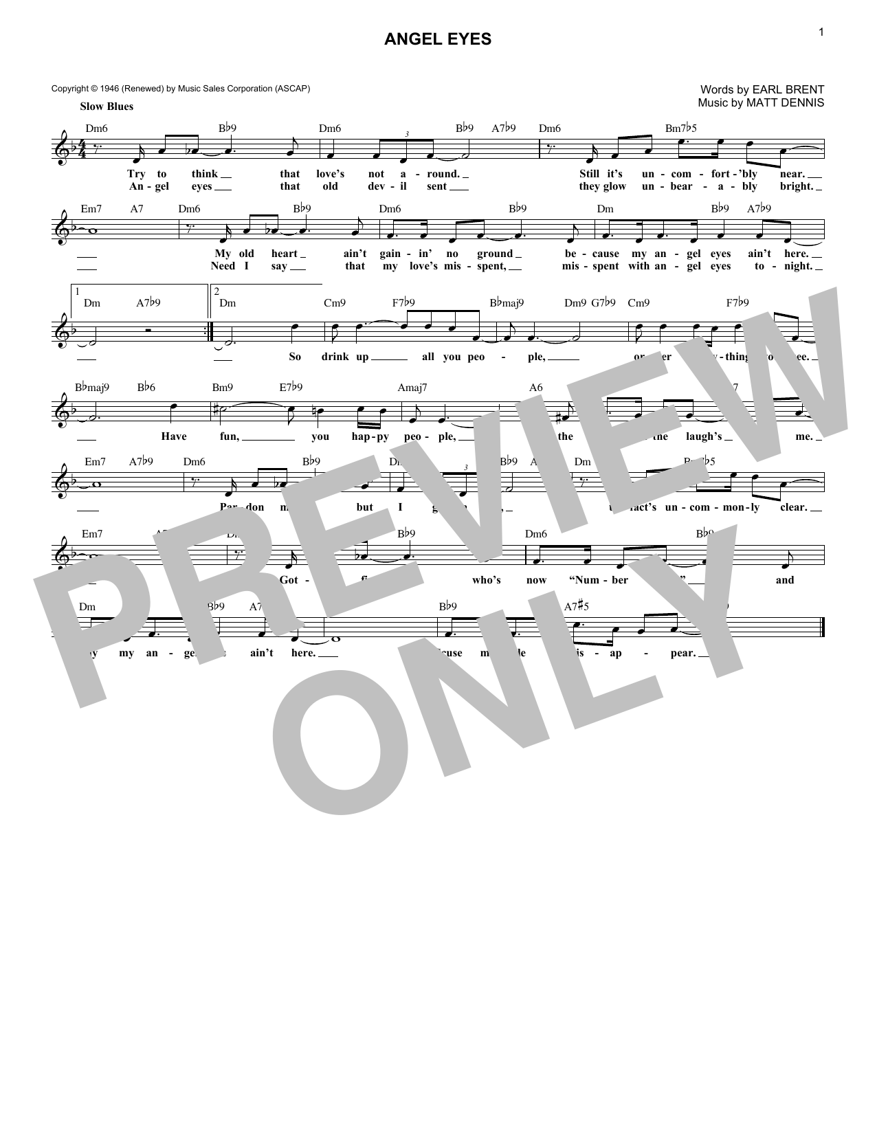 Earl Brent Angel Eyes sheet music notes and chords. Download Printable PDF.