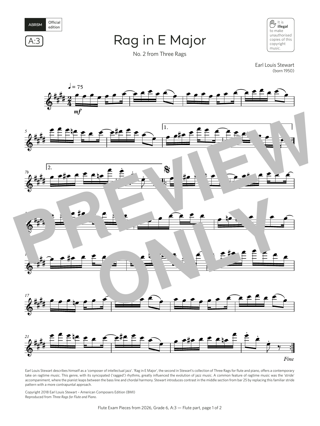 Learn to play Earl Louis Stewart Rag in E Major (Grade 6, list A3, from the ABRSM Flute Syllabus from 2026) sheet music for Flute Solo in minutes. Price: 6.9900$ Earl Louis Stewart Rag in E Major (Grade 6, list A3, from the ABRSM Flute Syllabus from 2026) sheet music notes and chords arranged for Flute Solo