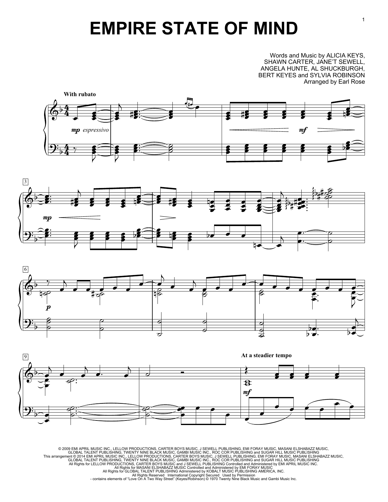 Earl Rose Empire State Of Mind sheet music notes and chords. Download Printable PDF.