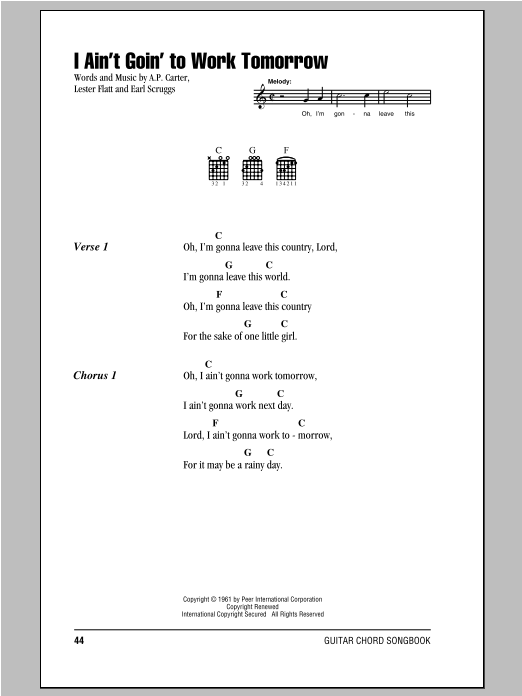 Earl Scruggs I Ain't Goin' To Work Tomorrow sheet music notes and chords. Download Printable PDF.