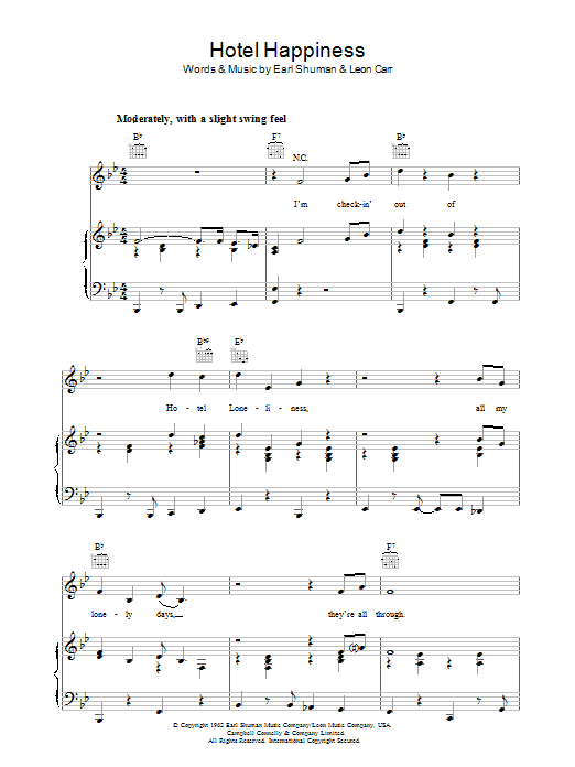 Learn to play Earl Shuman Hotel Happiness sheet music for Piano, Vocal & Guitar Chords in minutes. Price: 7.8900$ Earl Shuman Hotel Happiness sheet music notes and chords arranged for Piano, Vocal & Guitar Chords