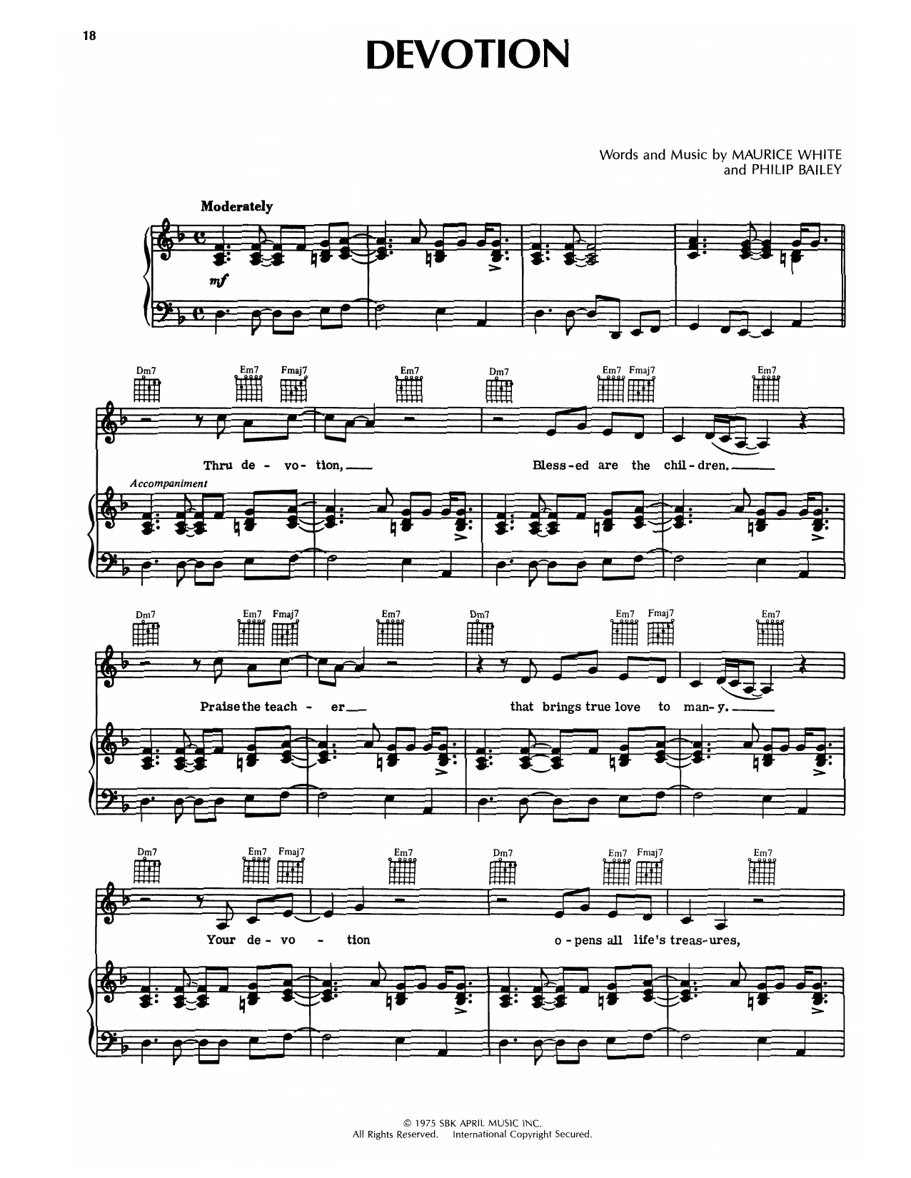 Earth, Wind & Fire Devotion sheet music notes and chords arranged for Piano, Vocal & Guitar Chords (Right-Hand Melody)