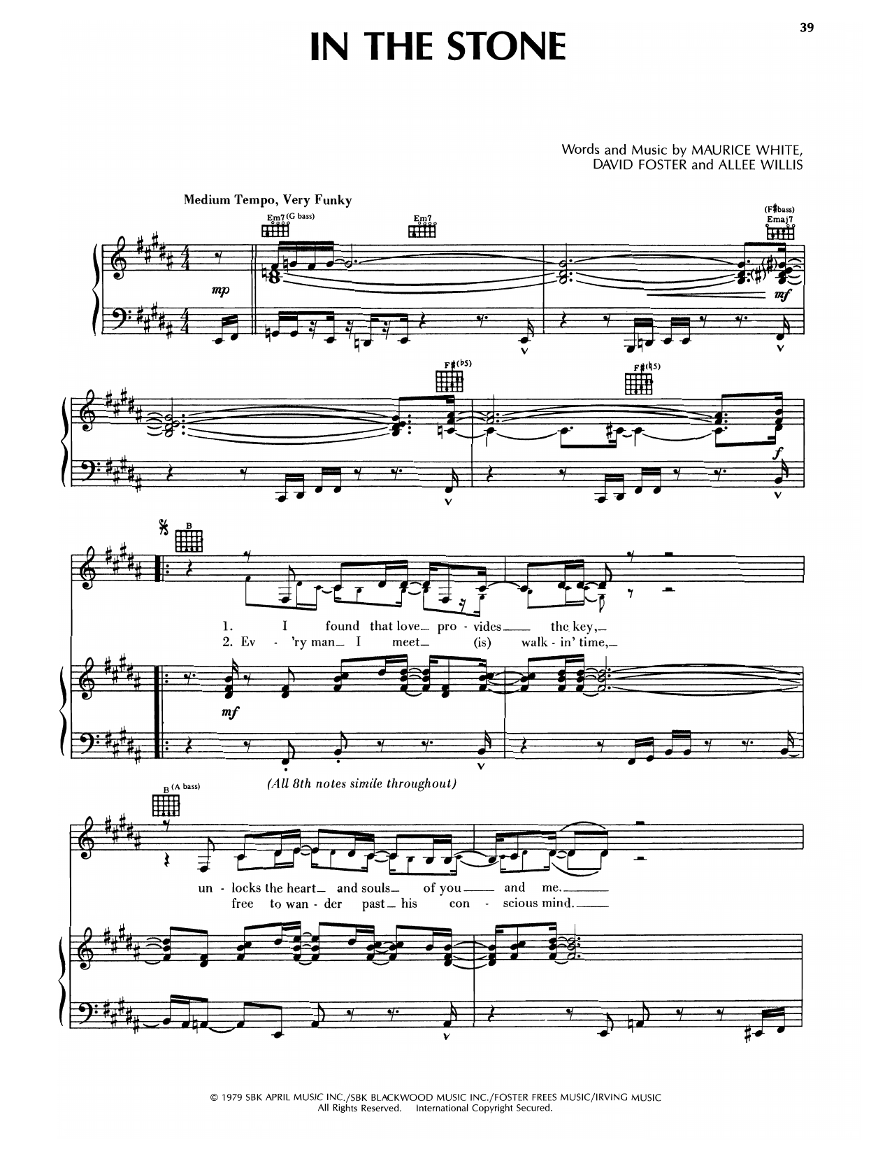 Earth, Wind & Fire In The Stone sheet music notes and chords. Download Printable PDF.