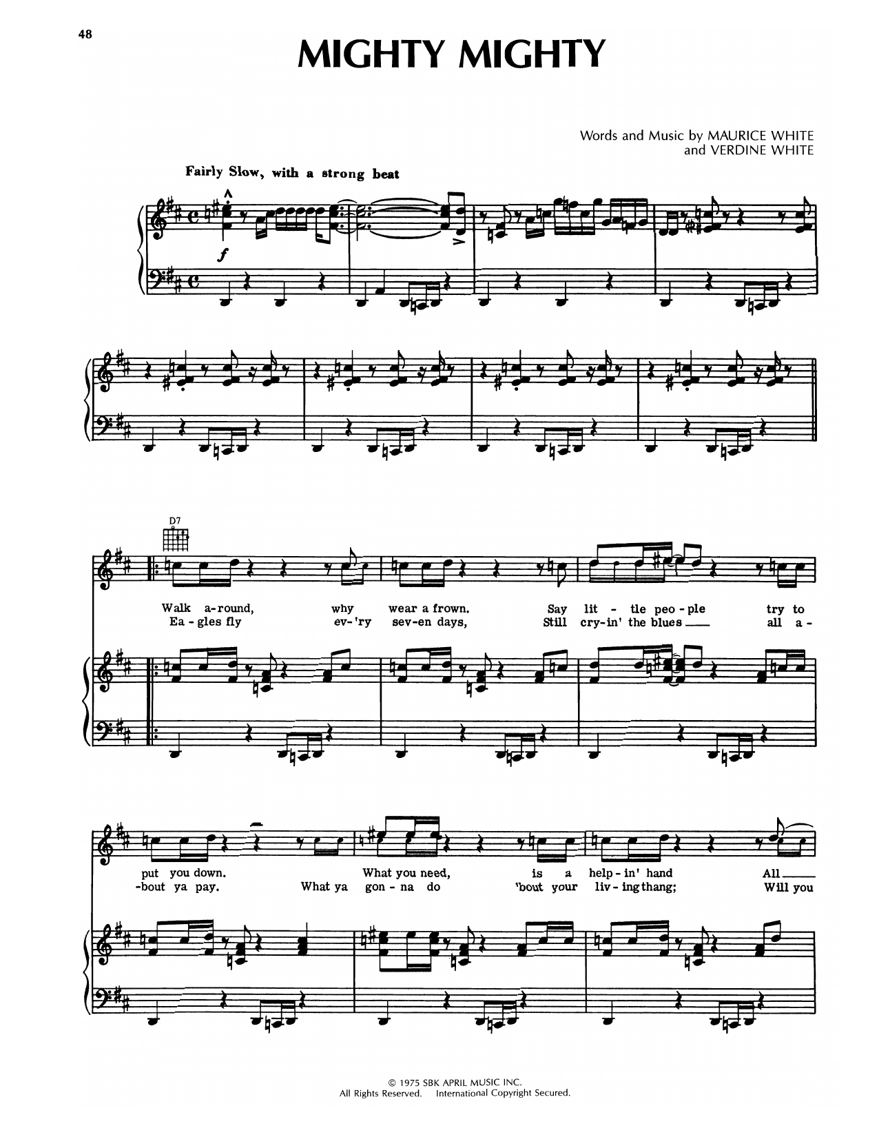 Learn to play Earth, Wind & Fire Mighty Mighty sheet music for Piano, Vocal & Guitar Chords (Right-Hand Melody) in minutes. Price: 7.8900$ Earth, Wind & Fire Mighty Mighty sheet music notes and chords arranged for Piano, Vocal & Guitar Chords (Right-Hand Melody)