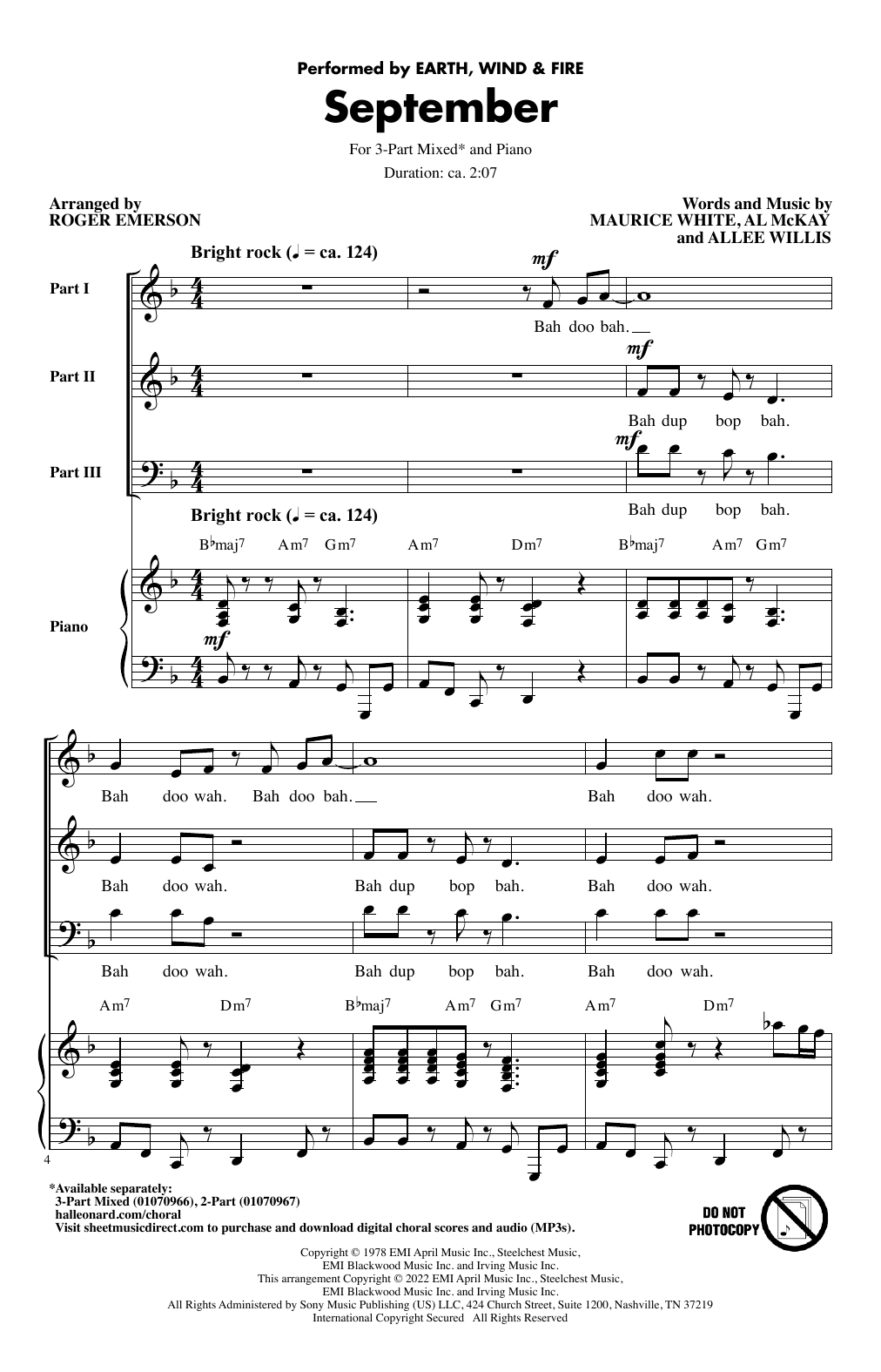 Earth, Wind & Fire September (arr. Roger Emerson) sheet music notes and chords. Download Printable PDF.