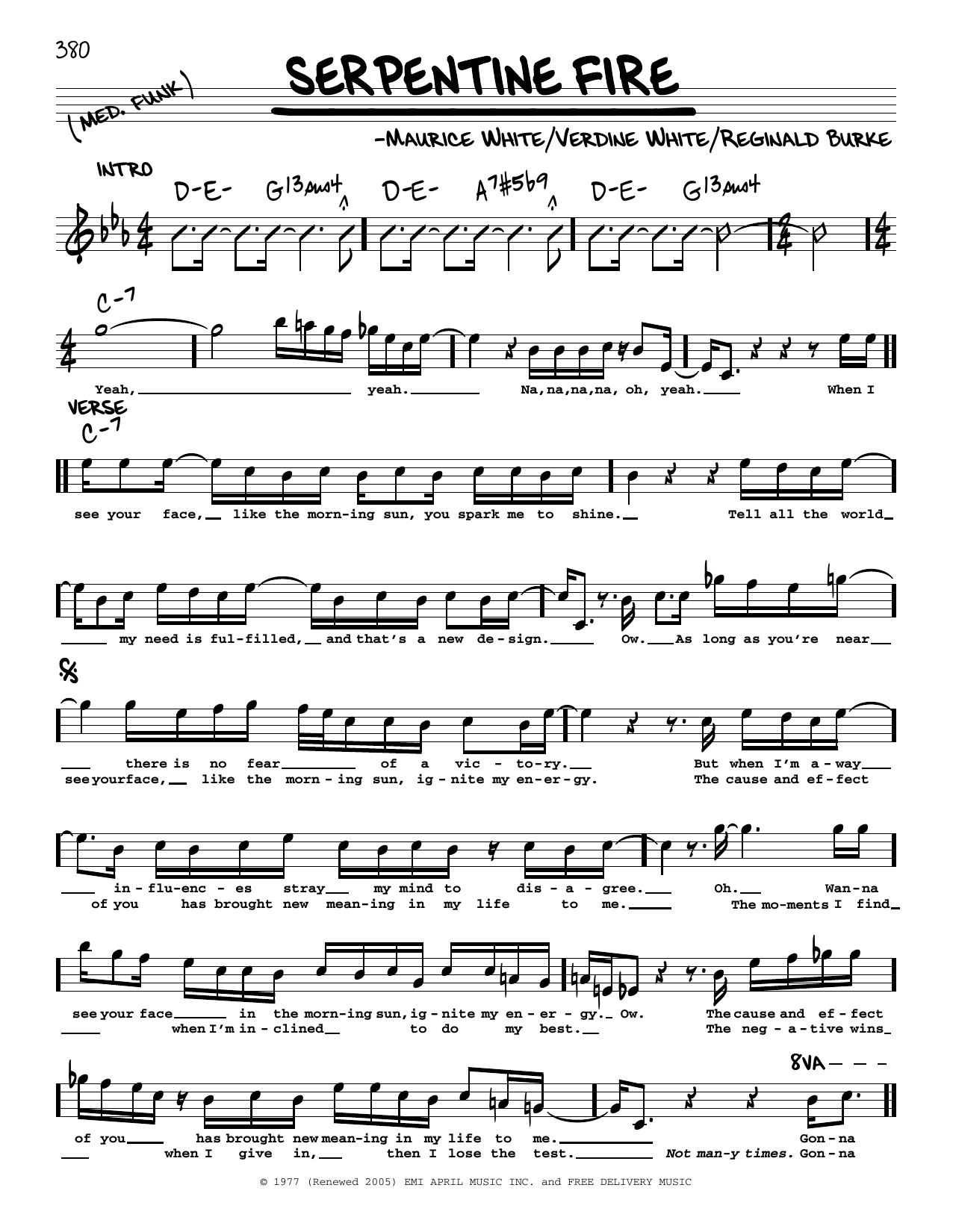 Earth, Wind & Fire Serpentine Fire sheet music notes and chords arranged for Piano, Vocal & Guitar Chords (Right-Hand Melody)