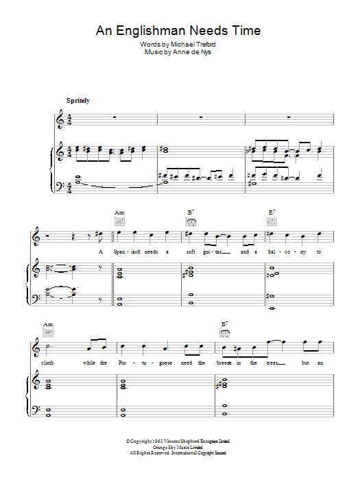 Learn to play Eartha Kitt An Englishman Needs Time sheet music for Piano, Vocal & Guitar Chords in minutes. Price: 7.8900$ Eartha Kitt An Englishman Needs Time sheet music notes and chords arranged for Piano, Vocal & Guitar Chords