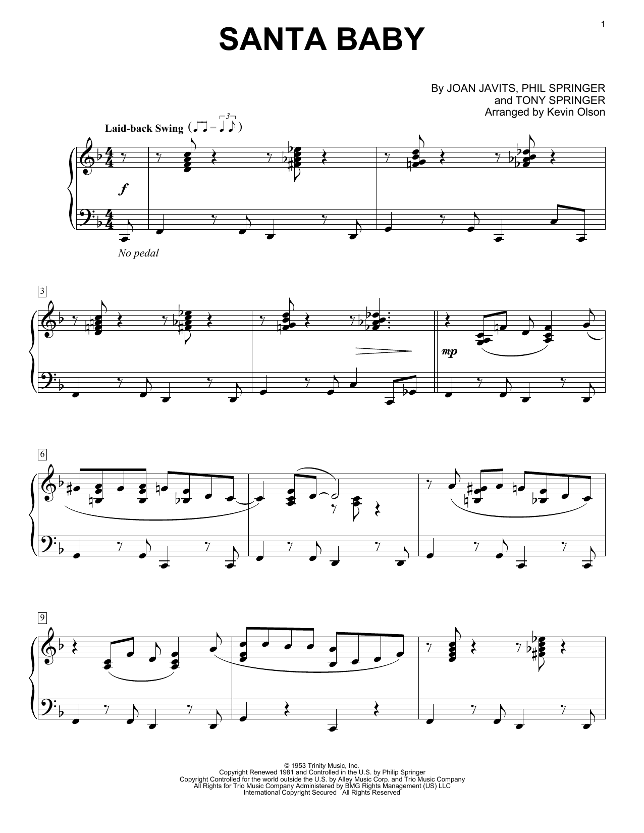 Eartha Kitt Santa Baby (arr. Kevin Olson) sheet music notes and chords. Download Printable PDF.