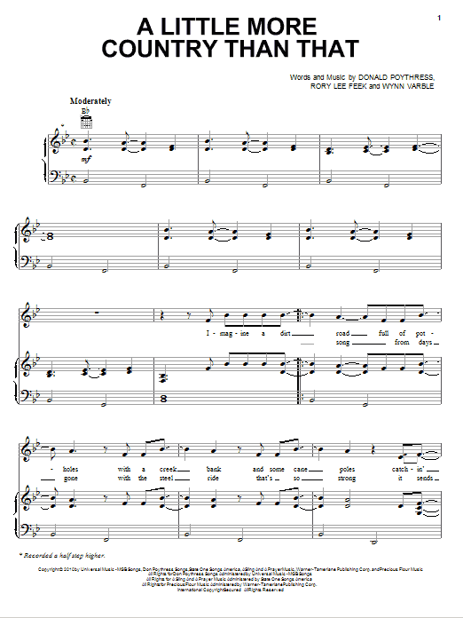 Learn to play Easton Corbin A Little More Country Than That sheet music for Piano, Vocal & Guitar Chords (Right-Hand Melody) in minutes. Price: 7.8900$ Easton Corbin A Little More Country Than That sheet music notes and chords arranged for Piano, Vocal & Guitar Chords (Right-Hand Melody)
