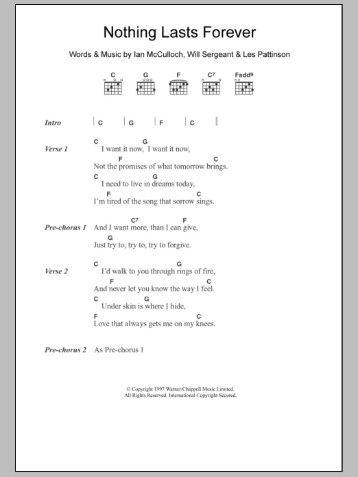Learn to play Echo & The Bunnymen Nothing Lasts Forever sheet music for Guitar Chords/Lyrics in minutes. Price: 4.4900$ Echo & The Bunnymen Nothing Lasts Forever sheet music notes and chords arranged for Guitar Chords/Lyrics