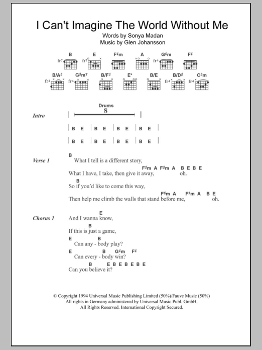 Echobelly I Can't Imagine The World Without Me sheet music notes and chords. Download Printable PDF.