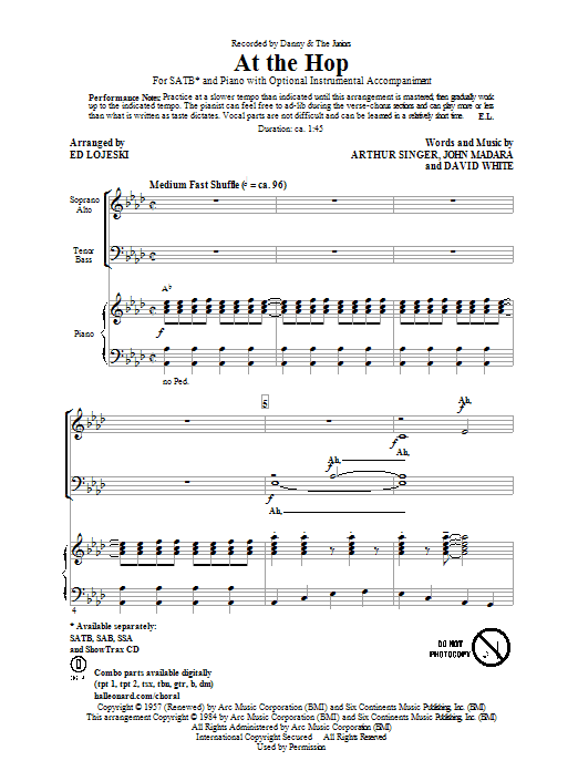 Learn to play Danny & The Juniors At The Hop (arr. Ed Lojeski) sheet music for SATB Choir in minutes. Price: 3.9900$ Danny & The Juniors At The Hop (arr. Ed Lojeski) sheet music notes and chords arranged for SATB Choir