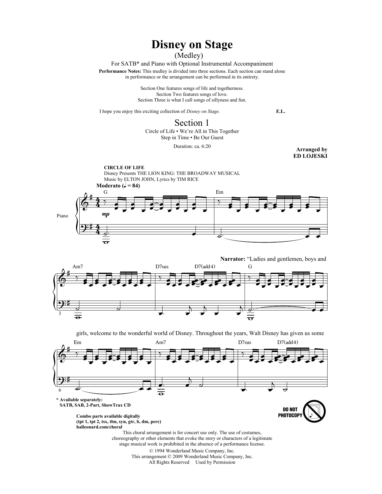 Learn to play Ed Lojeski Disney On Stage (Medley) sheet music for SAB Choir in minutes. Price: 4.7900$ Ed Lojeski Disney On Stage (Medley) sheet music notes and chords arranged for SAB Choir