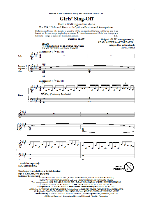 Learn to play Ed Lojeski Girls' Sing-Off (from Glee) sheet music for SSA Choir in minutes. Price: 3.9900$ Ed Lojeski Girls' Sing-Off (from Glee) sheet music notes and chords arranged for SSA Choir