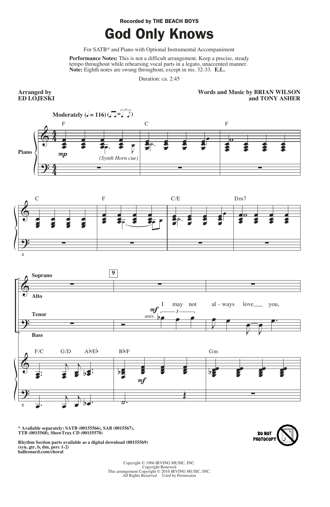 Ed Lojeski God Only Knows sheet music notes and chords. Download Printable PDF.