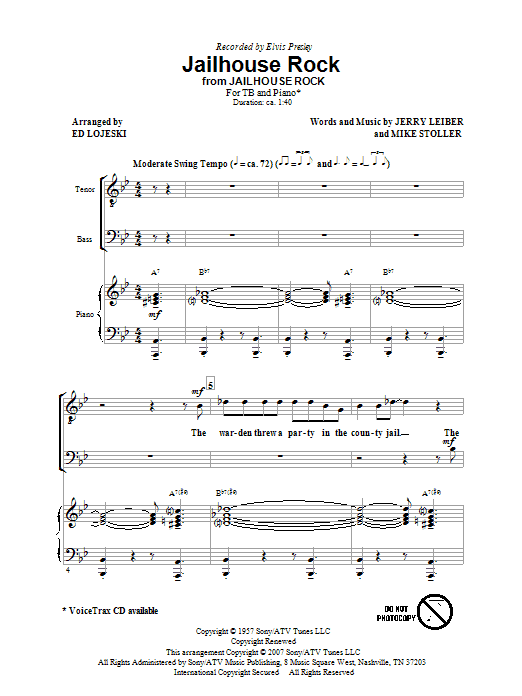 Learn to play Ed Lojeski Jailhouse Rock sheet music for TB Choir in minutes. Price: 3.9900$ Ed Lojeski Jailhouse Rock sheet music notes and chords arranged for TB Choir