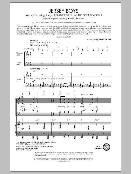 Ed Lojeski Jersey Boys Medley sheet music notes and chords arranged for TTB Choir