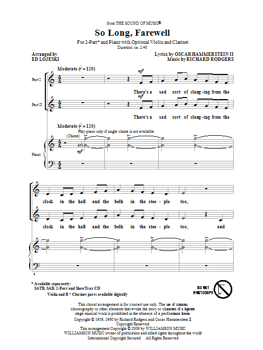 Ed Lojeski So Long, Farewell (from The Sound Of Music) sheet music notes and chords. Download Printable PDF.