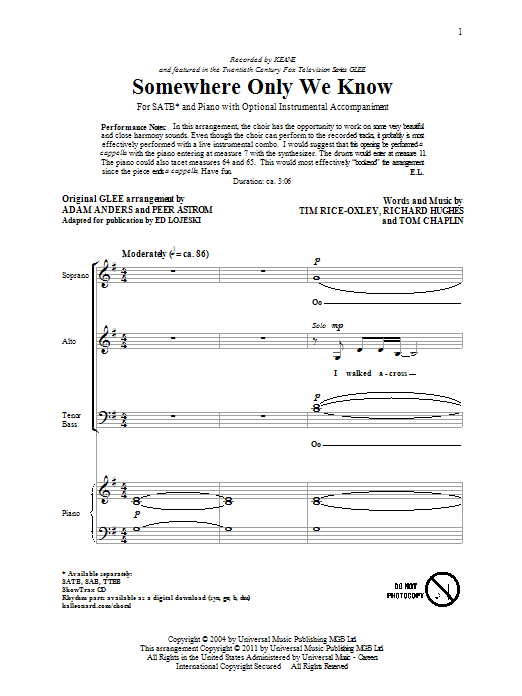 Keane Somewhere Only We Know (arr. Ed Lojeski) sheet music notes and chords. Download Printable PDF.