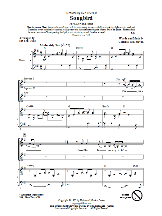 Ed Lojeski Songbird sheet music notes and chords. Download Printable PDF.