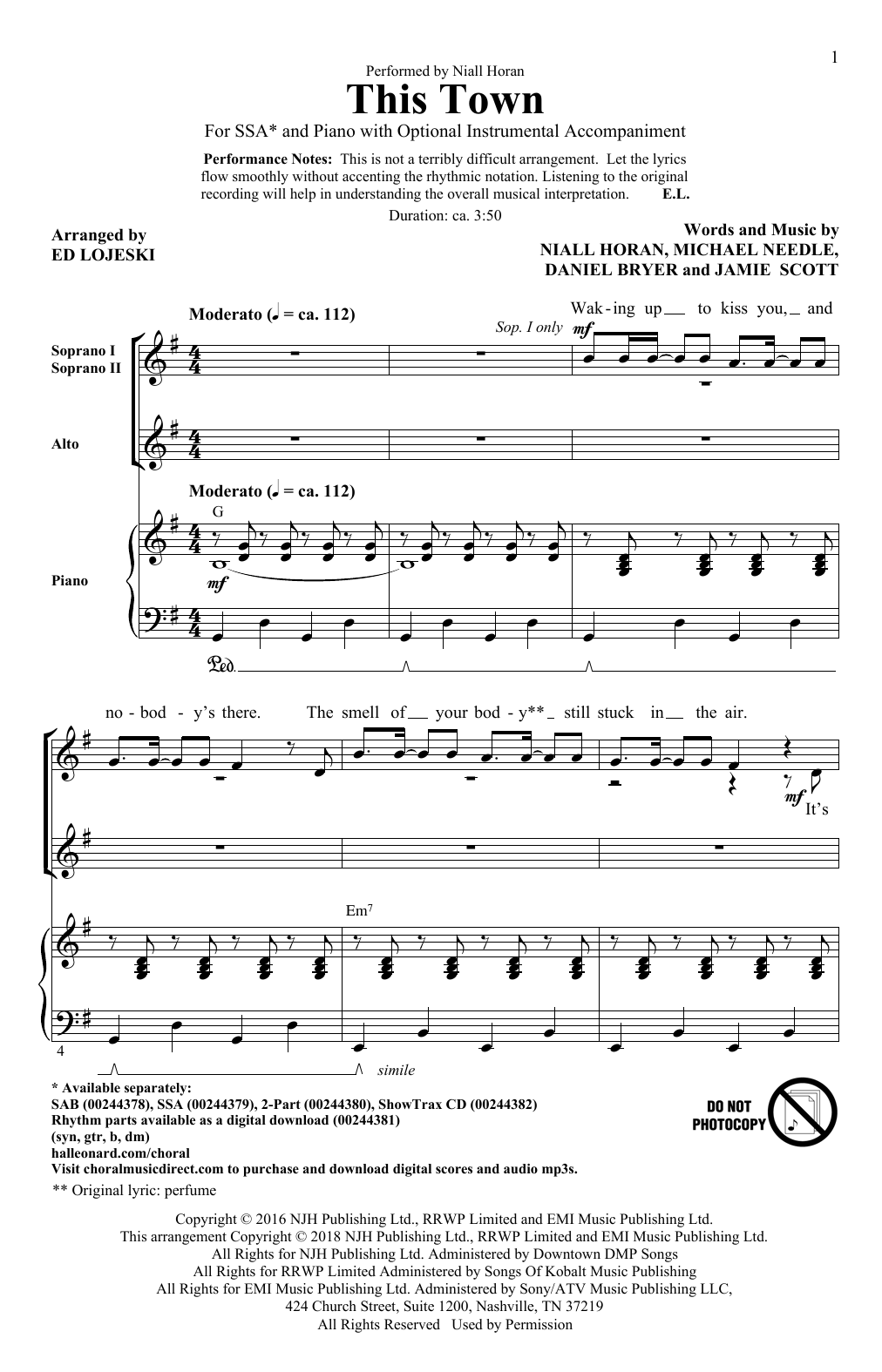 Learn to play Ed Lojeski This Town sheet music for SSA Choir in minutes. Price: 3.9900$ Ed Lojeski This Town sheet music notes and chords arranged for SSA Choir