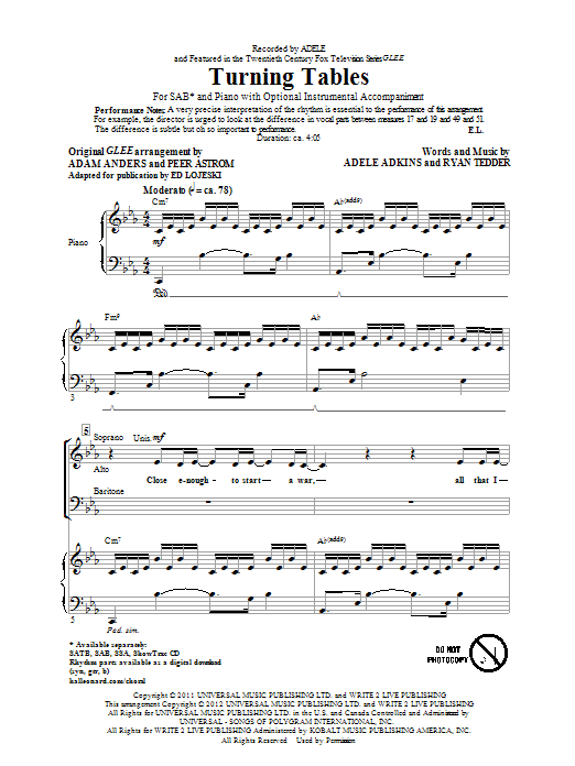 Adele Turning Tables (arr. Ed Lojeski) sheet music notes and chords. Download Printable PDF.